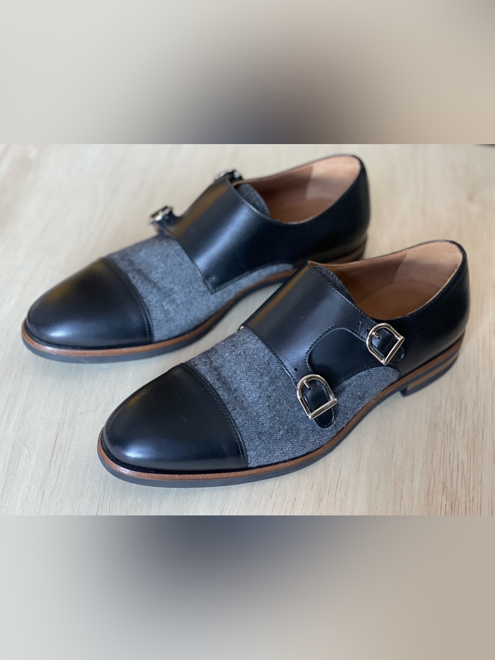 TAFT Double Monk Strap Leather & Wool Dress Shoes Men’s EU 40 / US 7 Gray Black